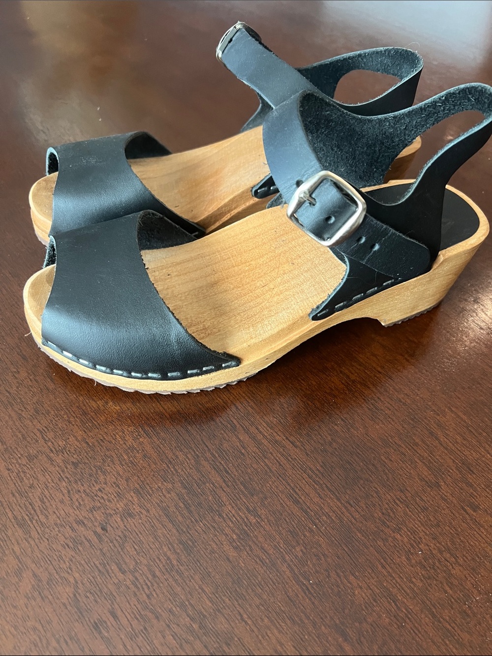 MIA Black Leather Wood-Effect Clog Sandals